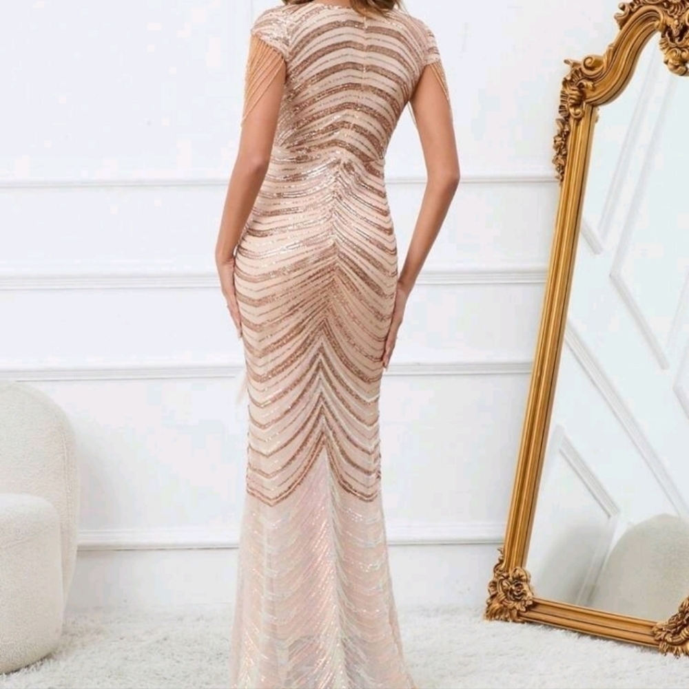 Gold, Chevron Print, Sequined Mermaid Gown, Custom Handmade - Picture 9 of 15